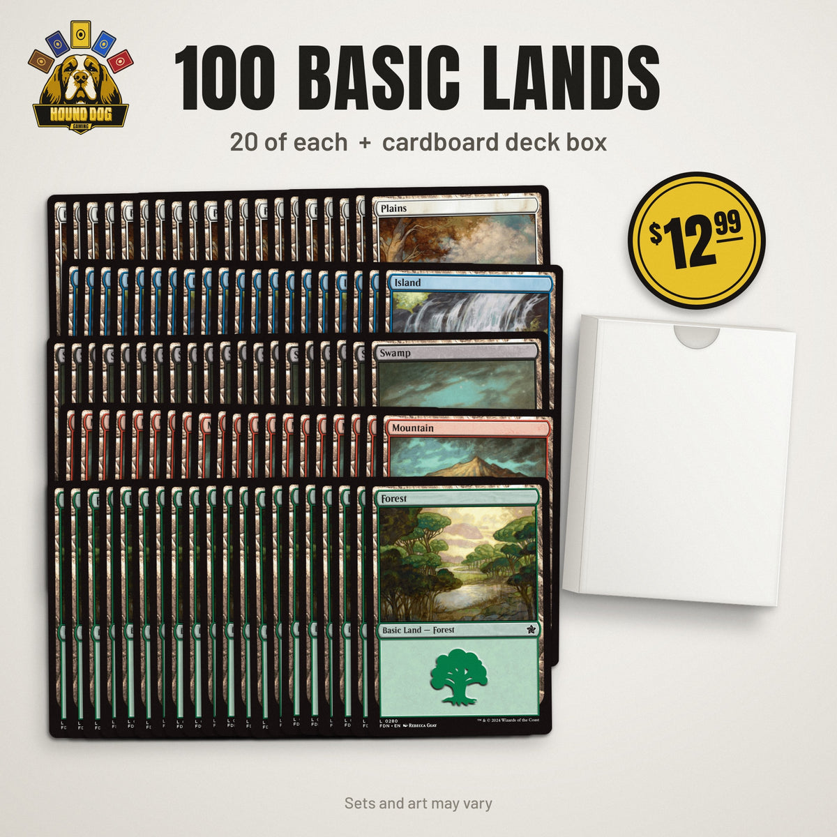 MTG Basic Land Bundle – 100 Lands (20 of Each) + Deck Box