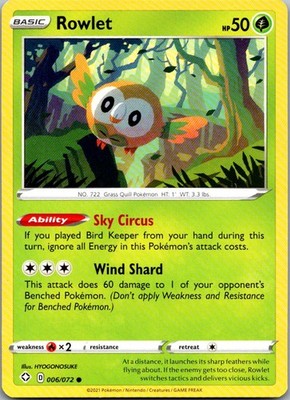 Rowlet 006/072 Common Shining Fates Pokemon Lightly Played