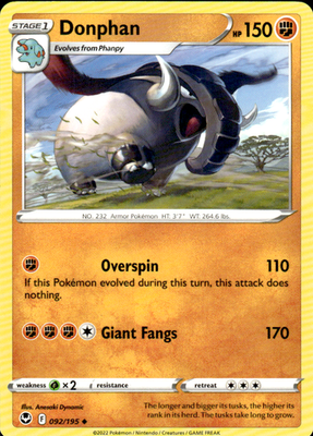 Donphan Silver Tempest 092/195 Uncommon Pokémon — English Lightly Played