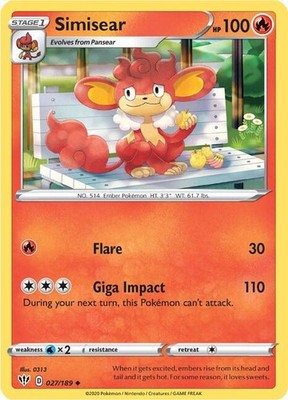 Simisear 027/189 SWSH03: Darkness Ablaze Pokémon TCG
