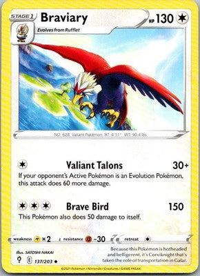 Braviary 137/203 Uncommon Evolving Skies Pokemon Lightly Played