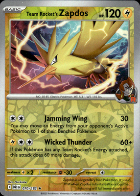 Team Rocket's Zapdos Destined Rivals 070/182 Rare Reverse Holo Pokémon — English