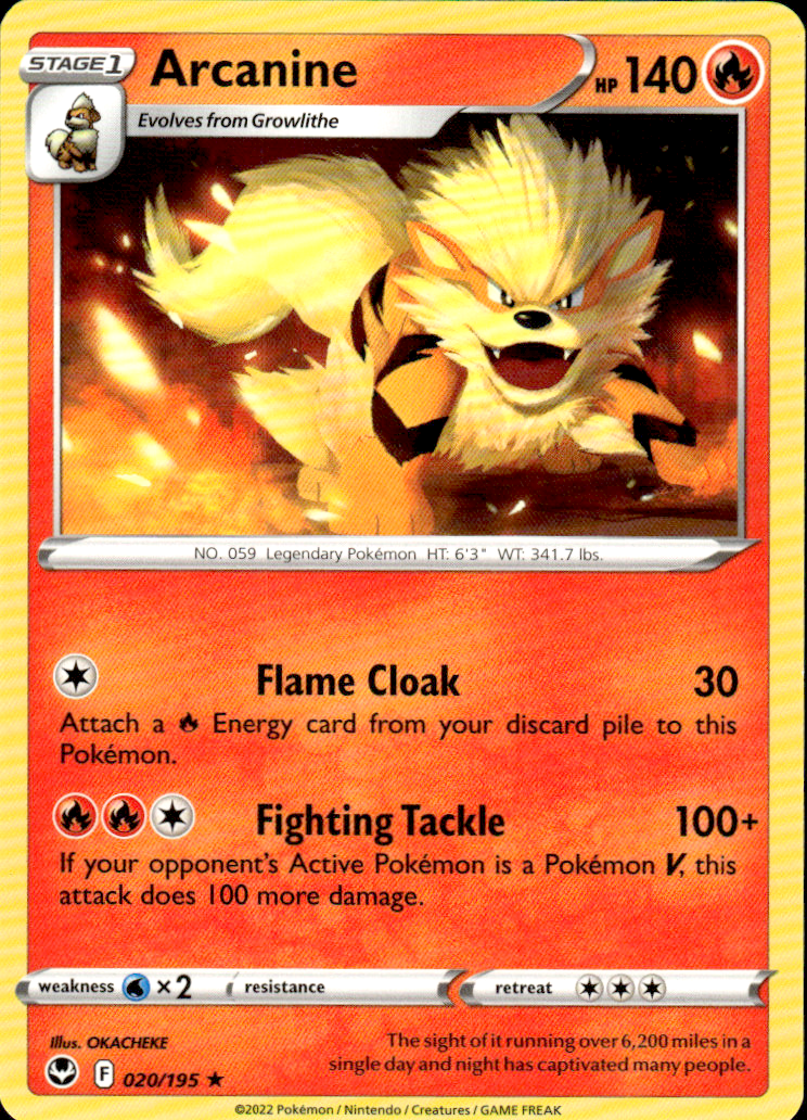Arcanine Silver Tempest 020/195 Rare Pokémon — English Near Mint