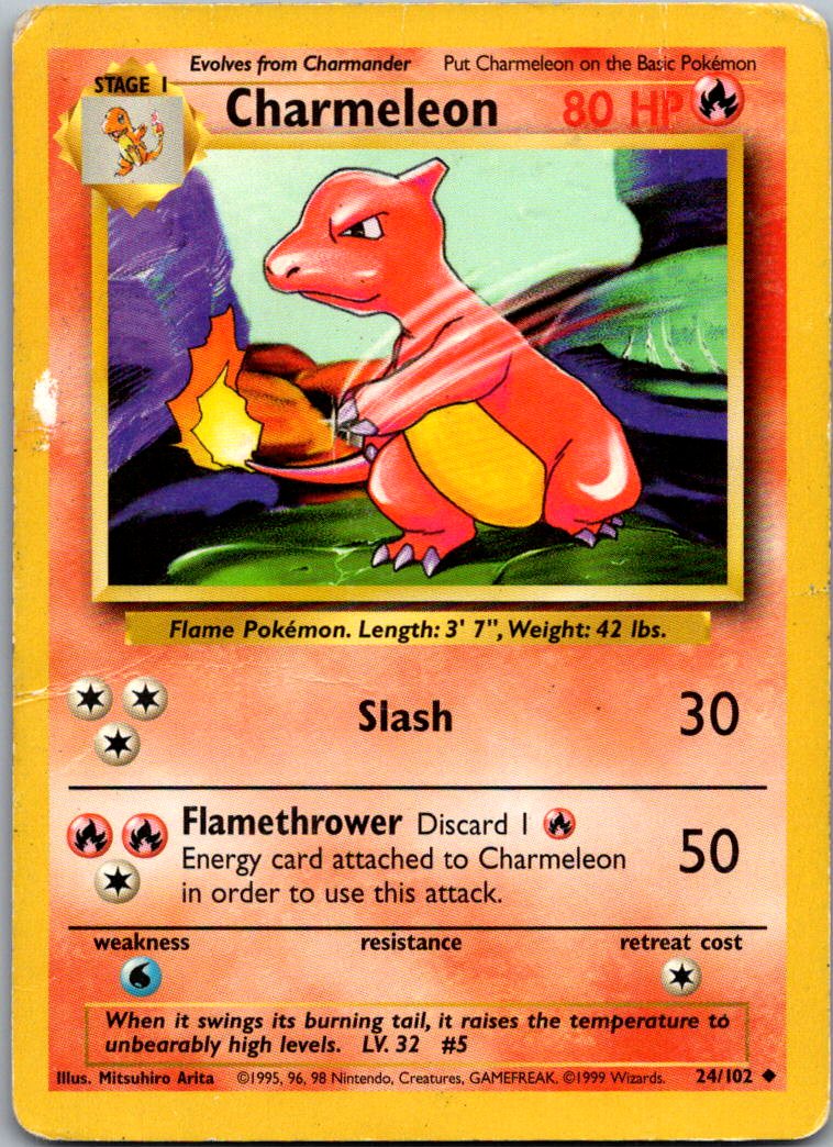 Charmeleon 24/102 Uncommon Base Set Unlimited Pokemon Damaged