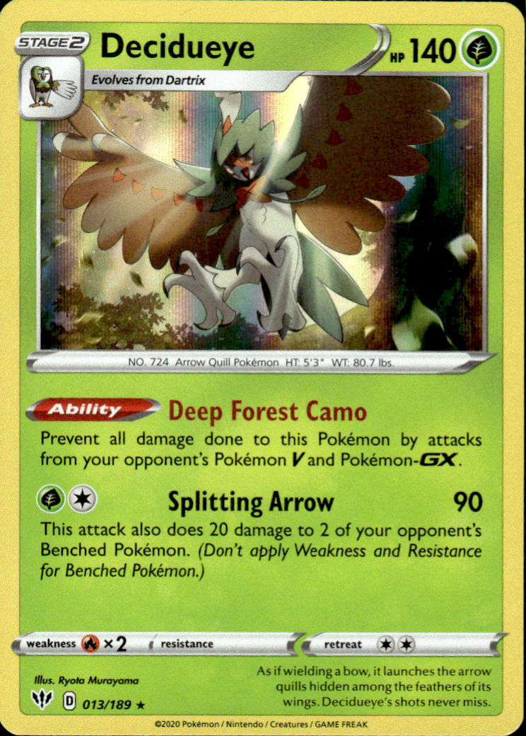 Decidueye Darkness Ablaze 013/189 Holo Rare Holo Pokémon — English Near Mint