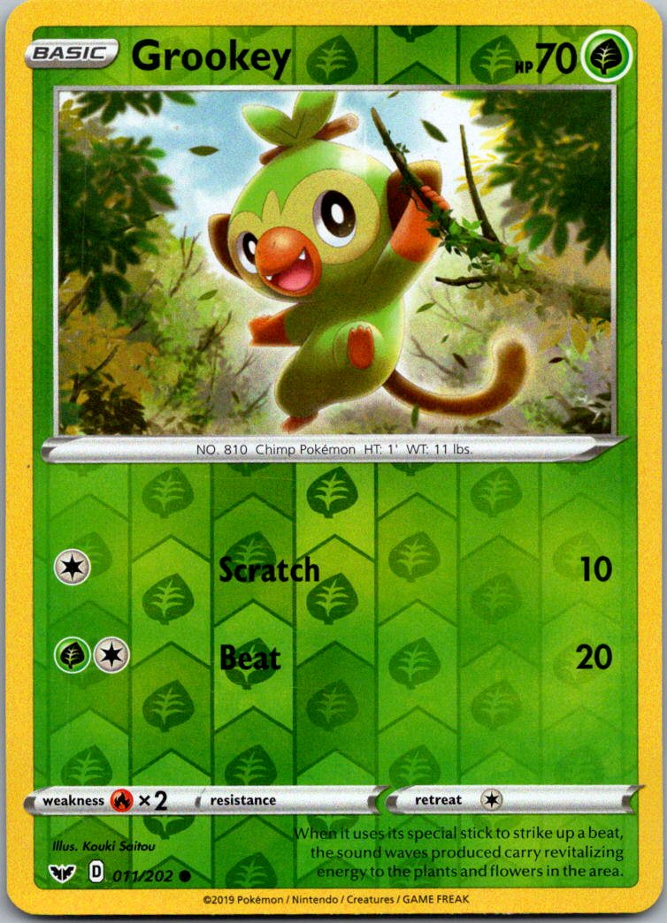 Grookey 011/202 Common Sword & Shield Pokemon Reverse Holo Near Mint