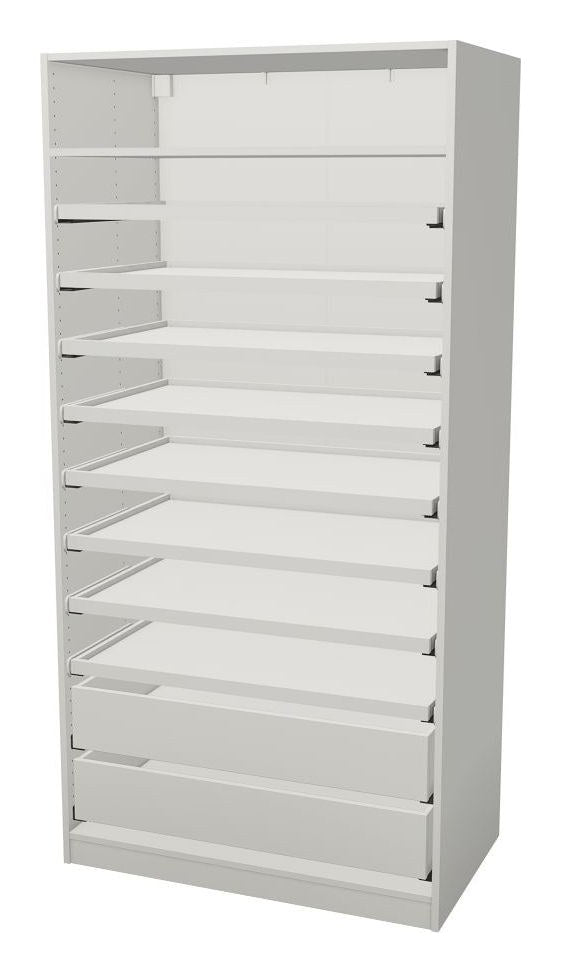 IKEA PAX storage frame fitted with eight pull-out trays, two drawers and a shelf